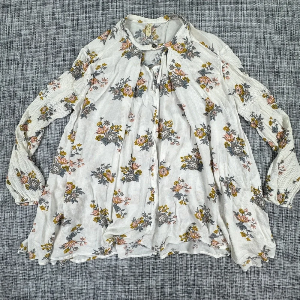 Free People Women's S White Floral Rayon Tunic Top Lace Trim Boho Cottagecore